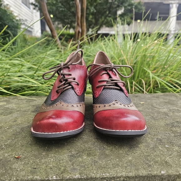 L’artiste Sping‎ Step Bardot Pump Red Brown Leather Heels Oxford Bootie Block - Picture 2 of 8